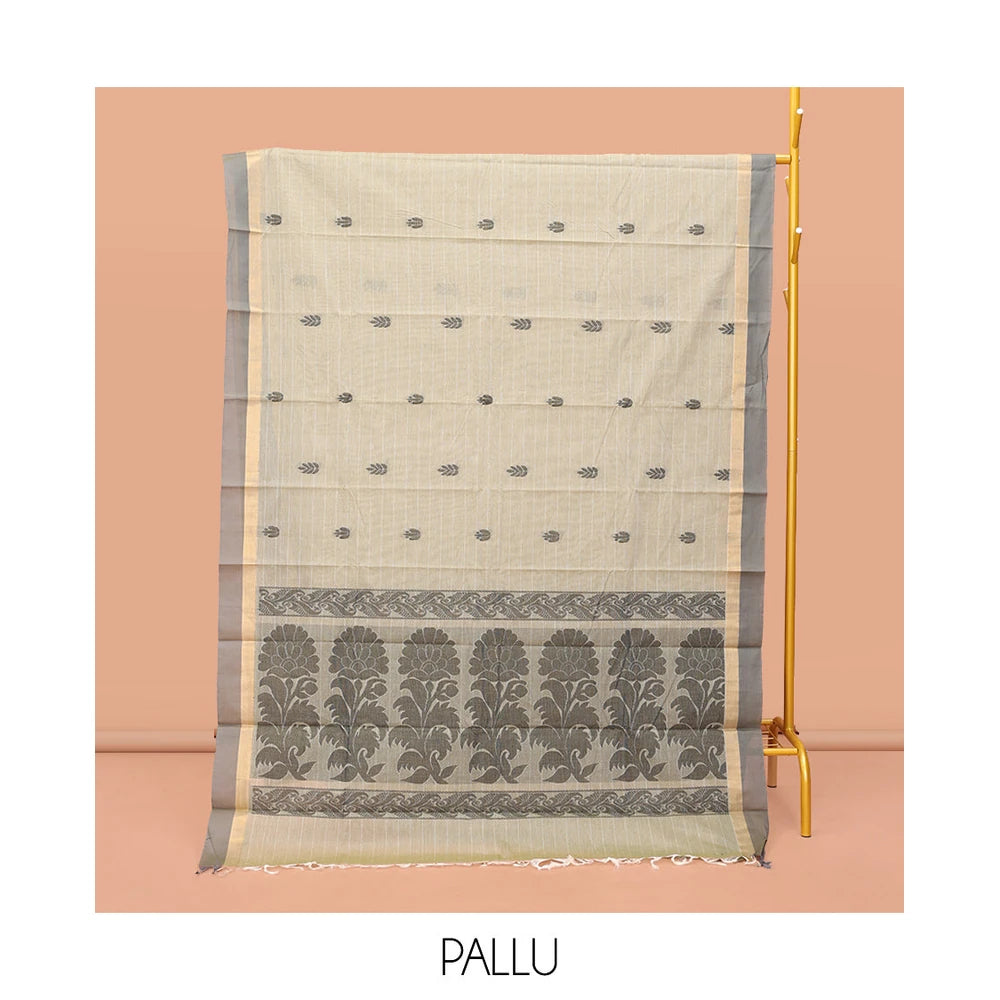 Pothys Grey Kanchi Cotton Saree Features Buttas and Stripes on Its Body, Complemented by a Contrast Border, Floral Design Pallu, and a Matching Blouse