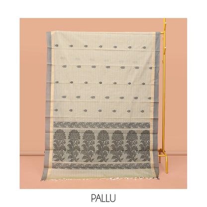 Pothys Grey Kanchi Cotton Saree Features Buttas and Stripes on Its Body, Complemented by a Contrast Border, Floral Design Pallu, and a Matching Blouse