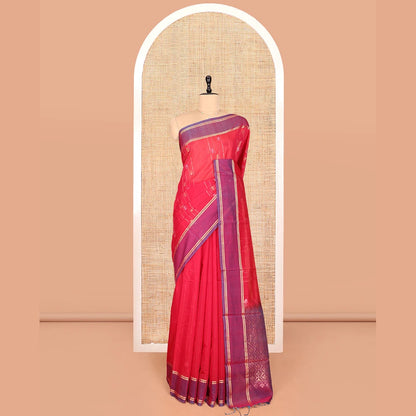 Pothys Red Silk Cotton Saree, Decorated with Zari Stripes and Buttas, Complemented by a Contrast Border, Contrast Butta Enclosed Hexagon Pallu, and a Contrast Blouse