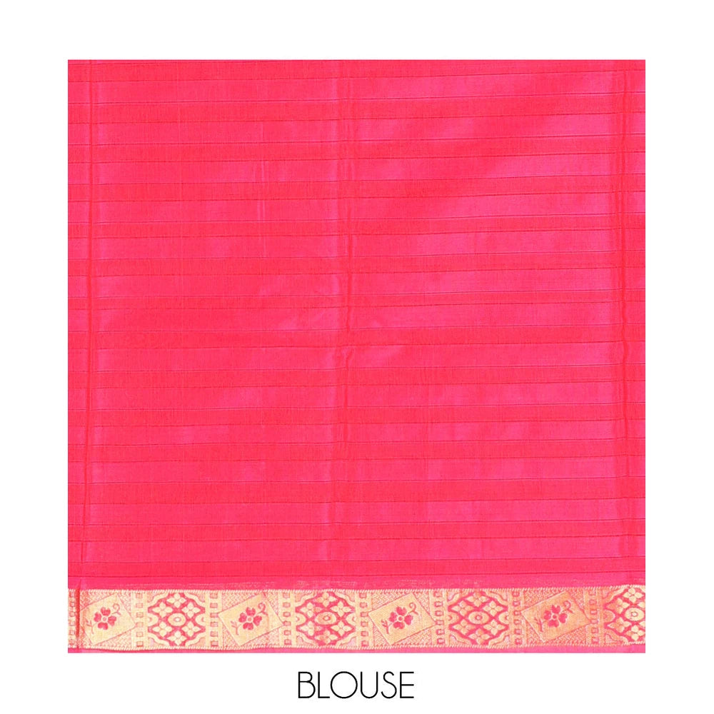 Pothys Red Silk Cotton Saree, Decorated with Zari Stripes and Buttas, Complemented by a Contrast Border, Contrast Butta Enclosed Hexagon Pallu, and a Contrast Blouse
