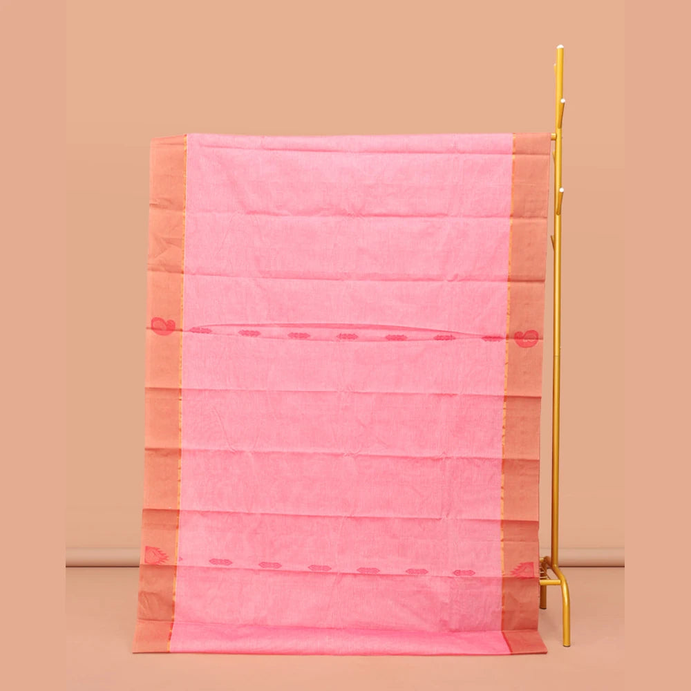 Pothys Pink Kanchi Cotton Saree, Adorned with Buttas, Contrast Paisley and Temple Design Border, Pallu of Floral and Peacock Design, and a Matching Blouse