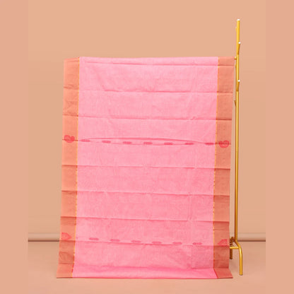 Pothys Pink Kanchi Cotton Saree, Adorned with Buttas, Contrast Paisley and Temple Design Border, Pallu of Floral and Peacock Design, and a Matching Blouse
