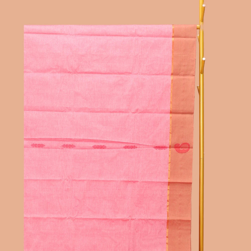 Pothys Pink Kanchi Cotton Saree, Adorned with Buttas, Contrast Paisley and Temple Design Border, Pallu of Floral and Peacock Design, and a Matching Blouse