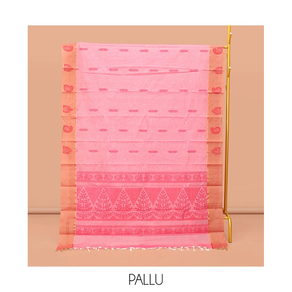 Pothys Pink Kanchi Cotton Saree, Adorned with Buttas, Contrast Paisley and Temple Design Border, Pallu of Floral and Peacock Design, and a Matching Blouse