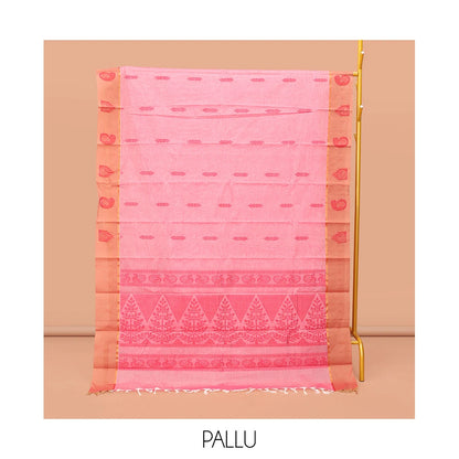 Pothys Pink Kanchi Cotton Saree, Adorned with Buttas, Contrast Paisley and Temple Design Border, Pallu of Floral and Peacock Design, and a Matching Blouse