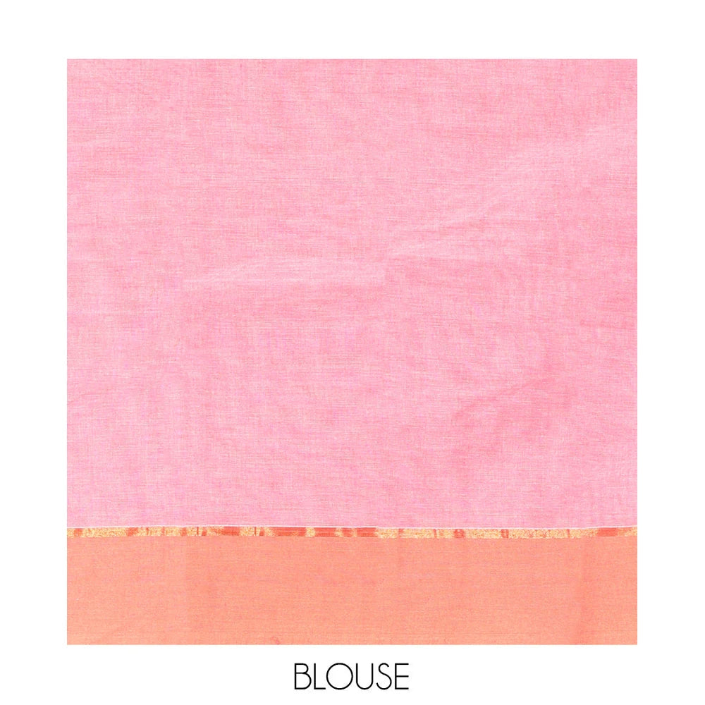Pothys Pink Kanchi Cotton Saree, Adorned with Buttas, Contrast Paisley and Temple Design Border, Pallu of Floral and Peacock Design, and a Matching Blouse