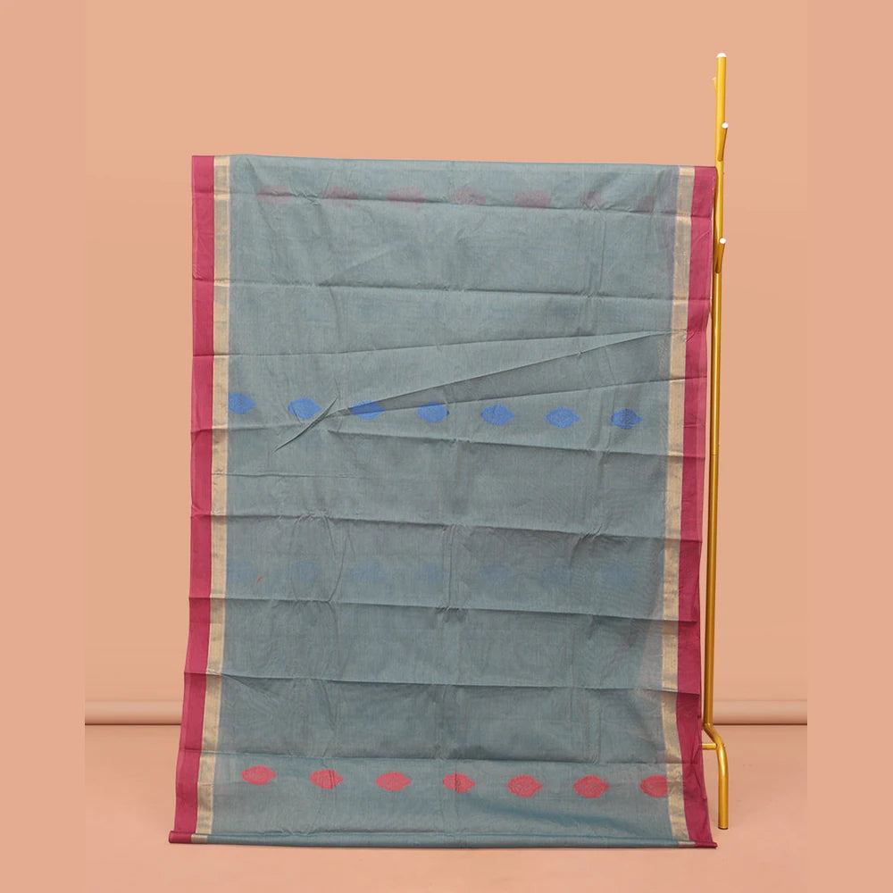 Pothys Grey Kanchi Cotton Saree, Decorated with Thread Buttas, Contrast Border, Pallu of Thread Weave, and a Matching Blouse