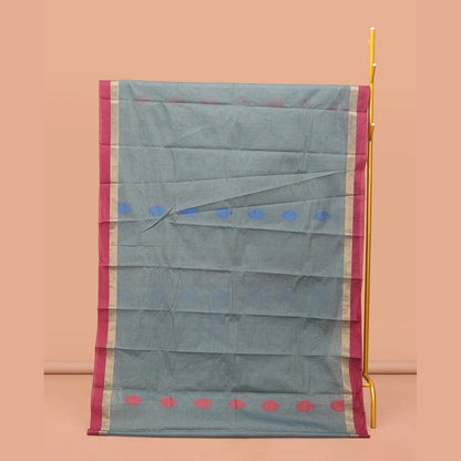 Pothys Grey Kanchi Cotton Saree, Decorated with Thread Buttas, Contrast Border, Pallu of Thread Weave, and a Matching Blouse