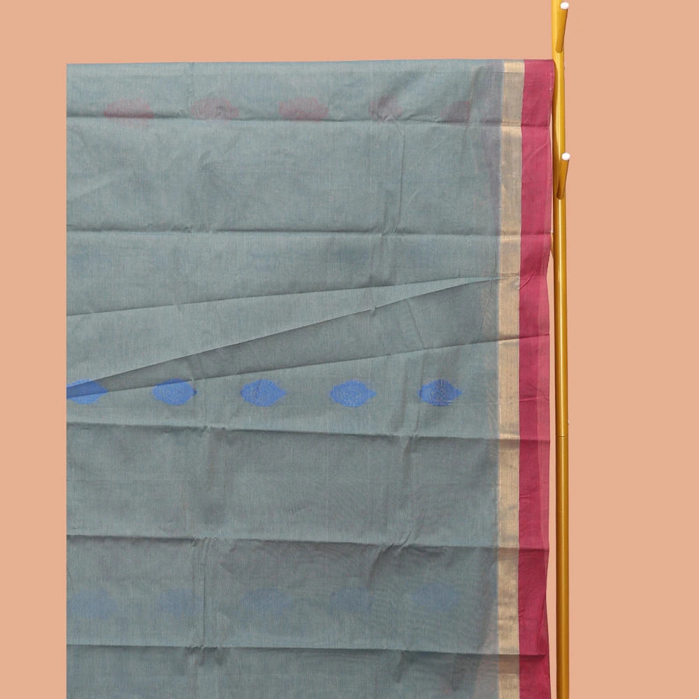 Pothys Grey Kanchi Cotton Saree, Decorated with Thread Buttas, Contrast Border, Pallu of Thread Weave, and a Matching Blouse