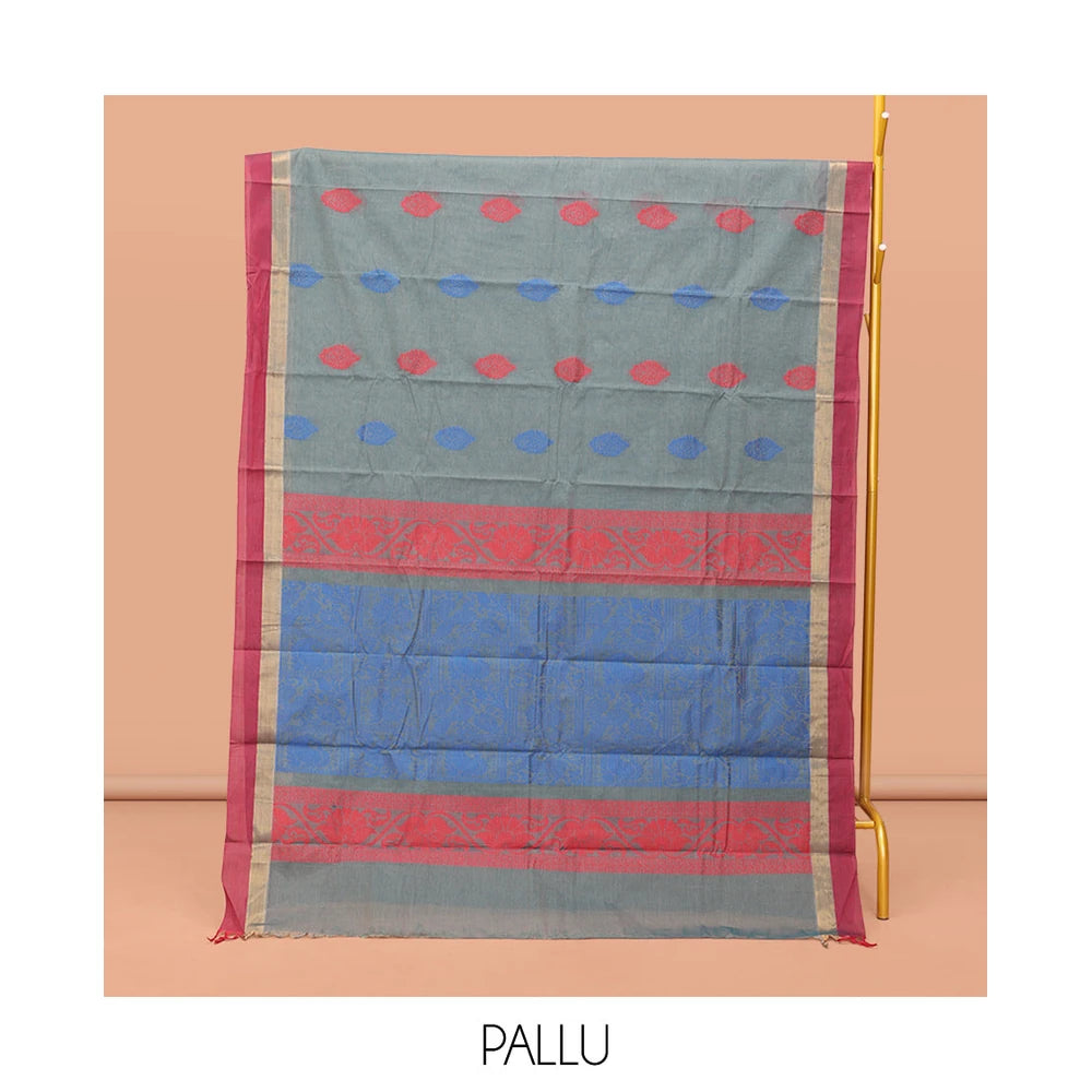 Pothys Grey Kanchi Cotton Saree, Decorated with Thread Buttas, Contrast Border, Pallu of Thread Weave, and a Matching Blouse