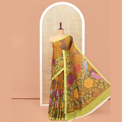 Pothys Mustard Andhra Cotton Saree, Artfully Detailed with Shibori Print and Tropical Floral Print, Complemented by a Contrast Zari Border and a Contrast Blouse