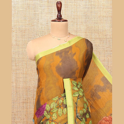 Pothys Mustard Andhra Cotton Saree, Artfully Detailed with Shibori Print and Tropical Floral Print, Complemented by a Contrast Zari Border and a Contrast Blouse