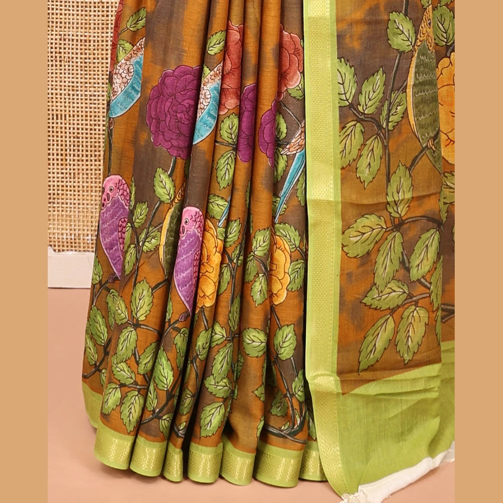 Pothys Mustard Andhra Cotton Saree, Artfully Detailed with Shibori Print and Tropical Floral Print, Complemented by a Contrast Zari Border and a Contrast Blouse