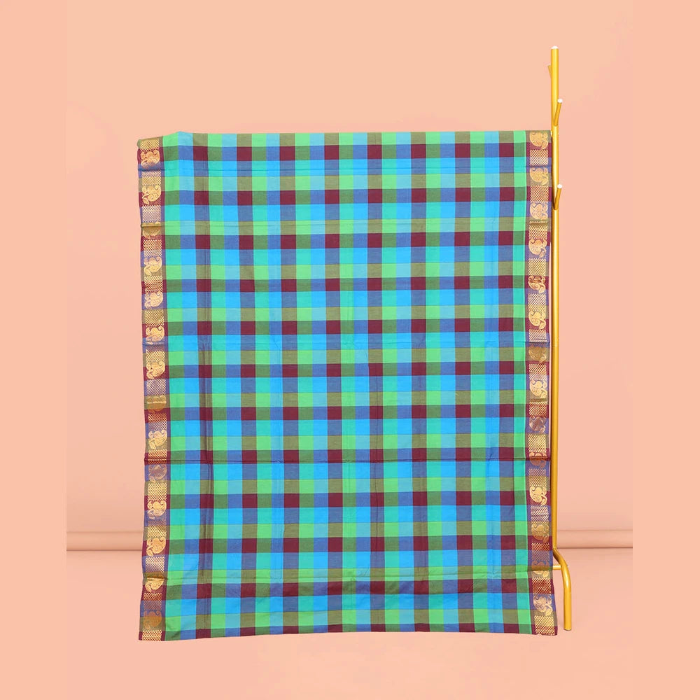 Pothys Multi-Color Chettinad Cotton Saree, Elevated with Checks, Highlighted by Traditional Zari Border, Striped Pallu, and No Blouse