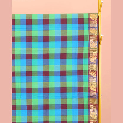 Pothys Multi-Color Chettinad Cotton Saree, Elevated with Checks, Highlighted by Traditional Zari Border, Striped Pallu, and No Blouse