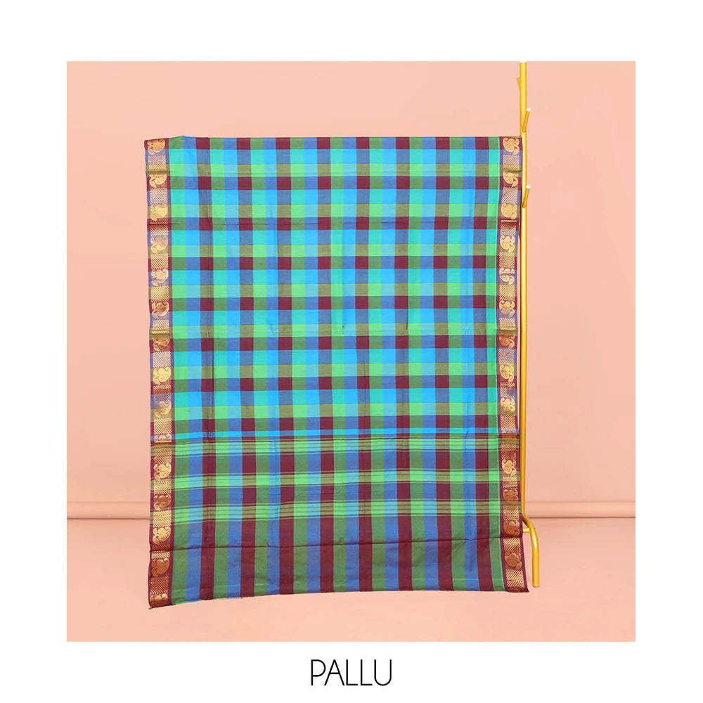 Pothys Multi-Color Chettinad Cotton Saree, Elevated with Checks, Highlighted by Traditional Zari Border, Striped Pallu, and No Blouse