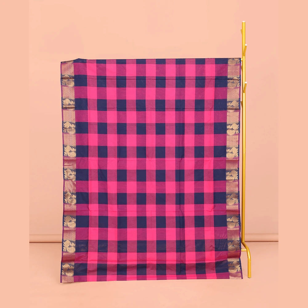 Pothys Blue-Pink Chettinad Cotton Saree, Detailed with Checks, Highlighted by Traditional Peacock Border, Striped Pallu, and No Blouse