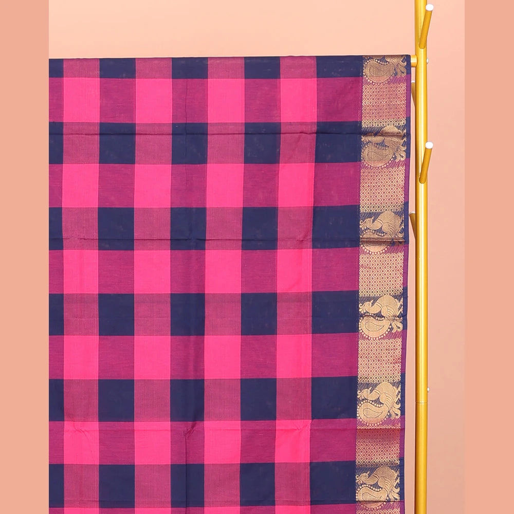 Pothys Blue-Pink Chettinad Cotton Saree, Detailed with Checks, Highlighted by Traditional Peacock Border, Striped Pallu, and No Blouse