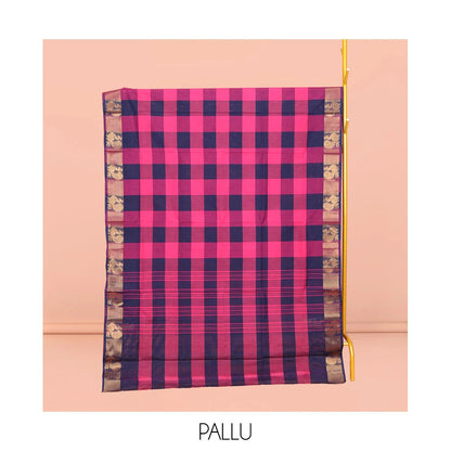 Pothys Blue-Pink Chettinad Cotton Saree, Detailed with Checks, Highlighted by Traditional Peacock Border, Striped Pallu, and No Blouse