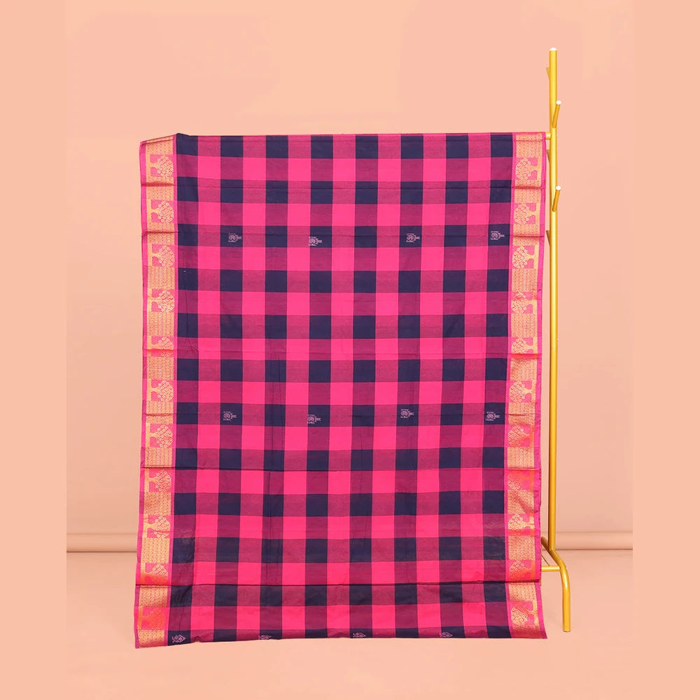 Pothys Blue-Pink Chettinad Cotton Saree, Decked Up with Buttas and Checks, Highlighted by Tree Motifs Zari Border, Pallu of Stripes and Buttas, and No Blouse