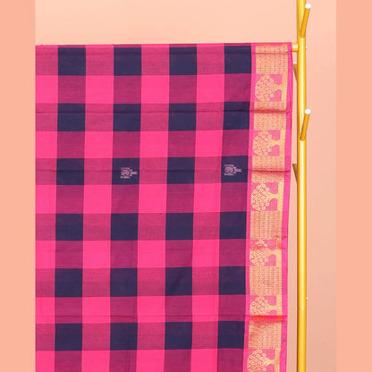 Pothys Blue-Pink Chettinad Cotton Saree, Decked Up with Buttas and Checks, Highlighted by Tree Motifs Zari Border, Pallu of Stripes and Buttas, and No Blouse