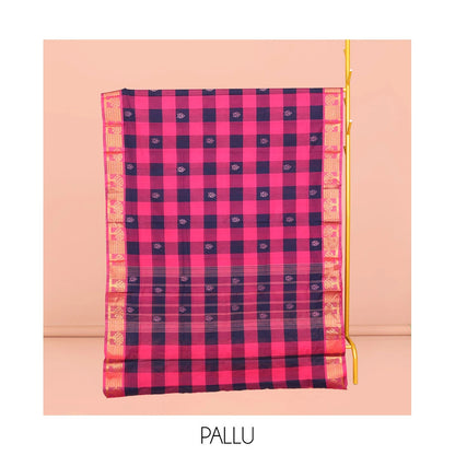 Pothys Blue-Pink Chettinad Cotton Saree, Decked Up with Buttas and Checks, Highlighted by Tree Motifs Zari Border, Pallu of Stripes and Buttas, and No Blouse