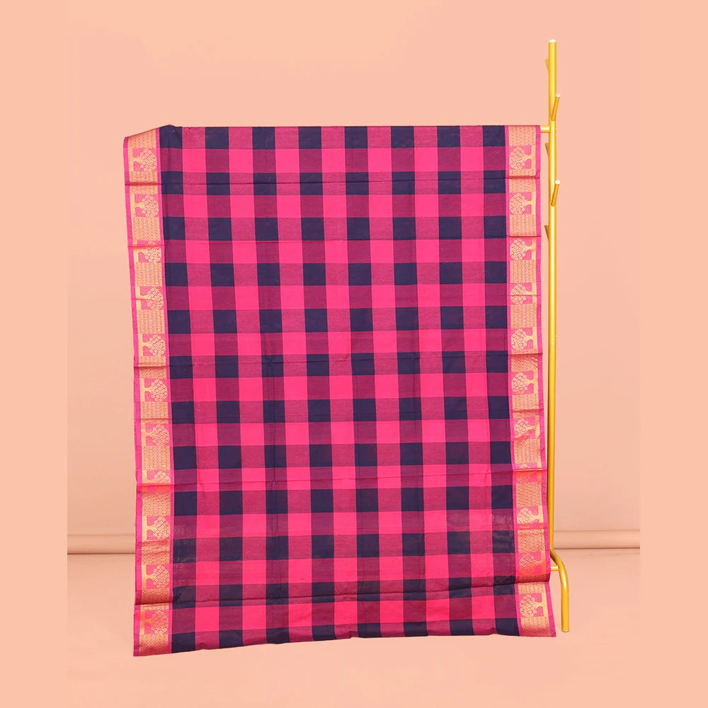 Pothys Blue-Pink Chettinad Cotton Saree, Woven with Checks, Highlighted by Tree Motifs Zari Border, Pallu of Stripes, and No Blouse