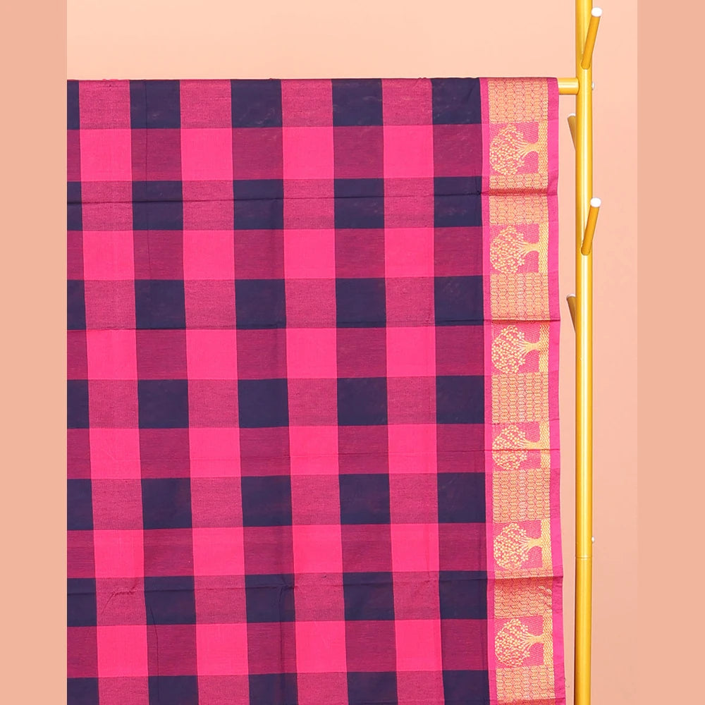Pothys Blue-Pink Chettinad Cotton Saree, Woven with Checks, Highlighted by Tree Motifs Zari Border, Pallu of Stripes, and No Blouse