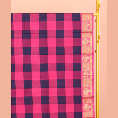 Pothys Blue-Pink Chettinad Cotton Saree, Woven with Checks, Highlighted by Tree Motifs Zari Border, Pallu of Stripes, and No Blouse