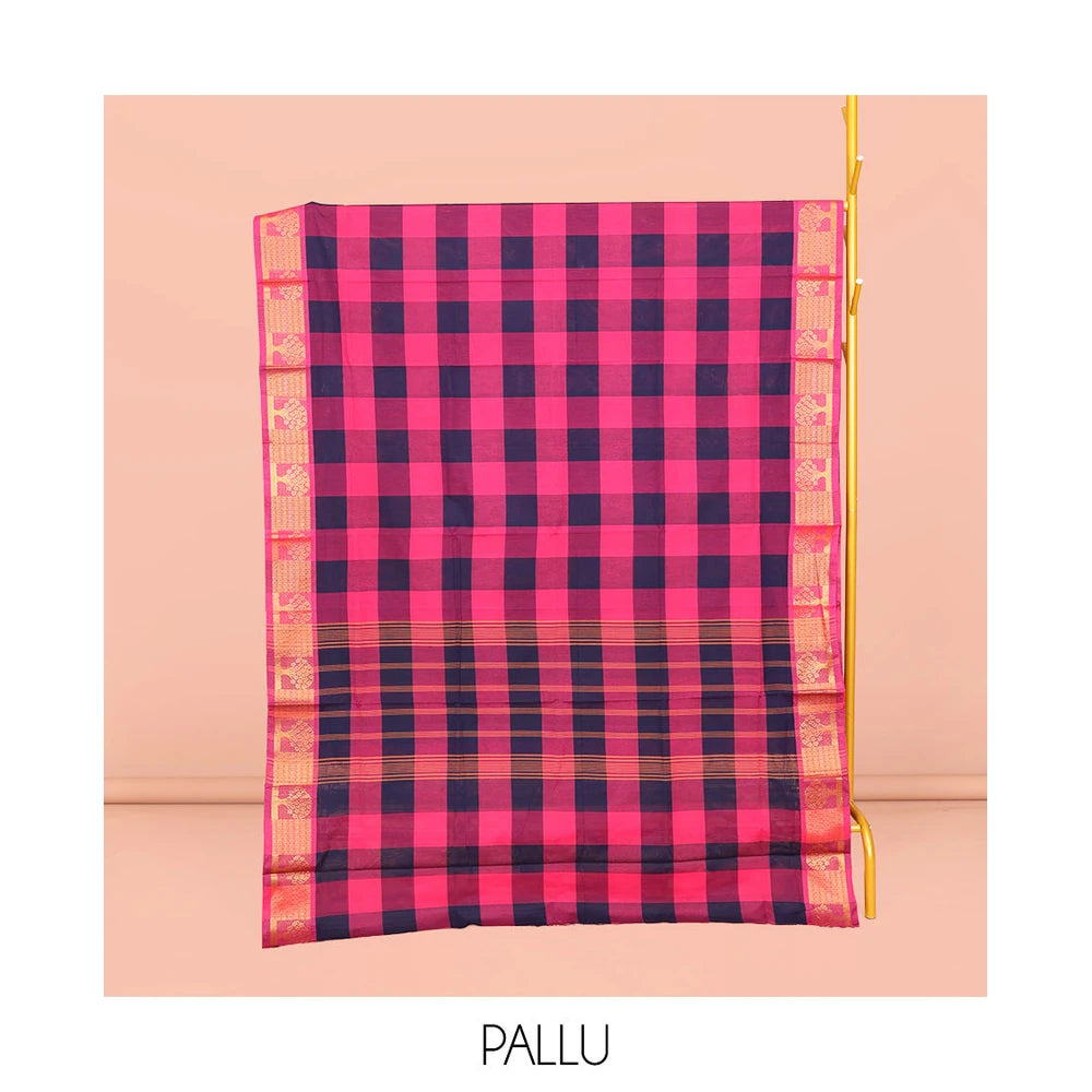 Pothys Blue-Pink Chettinad Cotton Saree, Woven with Checks, Highlighted by Tree Motifs Zari Border, Pallu of Stripes, and No Blouse
