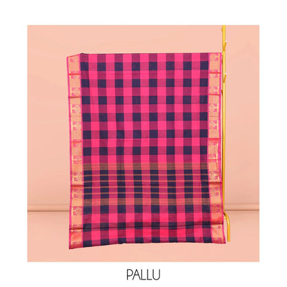 Pothys Blue-Pink Chettinad Cotton Saree, Woven with Checks, Highlighted by Tree Motifs Zari Border, Pallu of Stripes, and No Blouse
