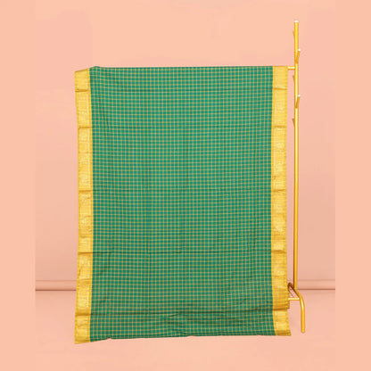 Pothys Green Chettinad Cotton Saree, Graced with Checks, Complemented by Contrast Peacock Motifs Zari Border, Pallu of Stripes, and No Blouse