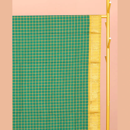 Pothys Green Chettinad Cotton Saree, Graced with Checks, Complemented by Contrast Peacock Motifs Zari Border, Pallu of Stripes, and No Blouse