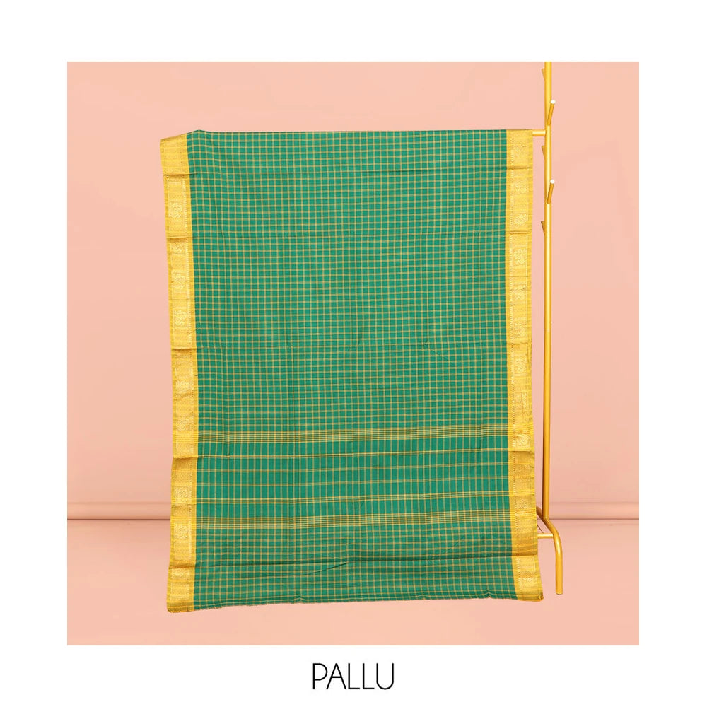 Pothys Green Chettinad Cotton Saree, Graced with Checks, Complemented by Contrast Peacock Motifs Zari Border, Pallu of Stripes, and No Blouse