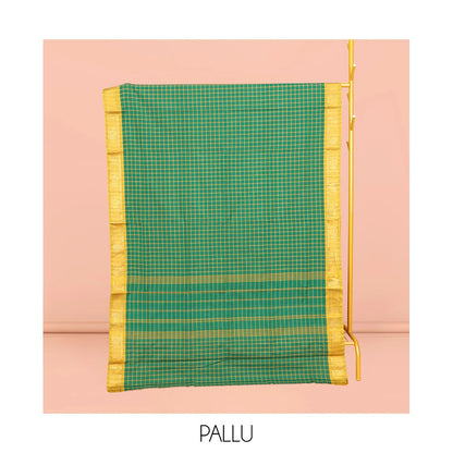 Pothys Green Chettinad Cotton Saree, Graced with Checks, Complemented by Contrast Peacock Motifs Zari Border, Pallu of Stripes, and No Blouse