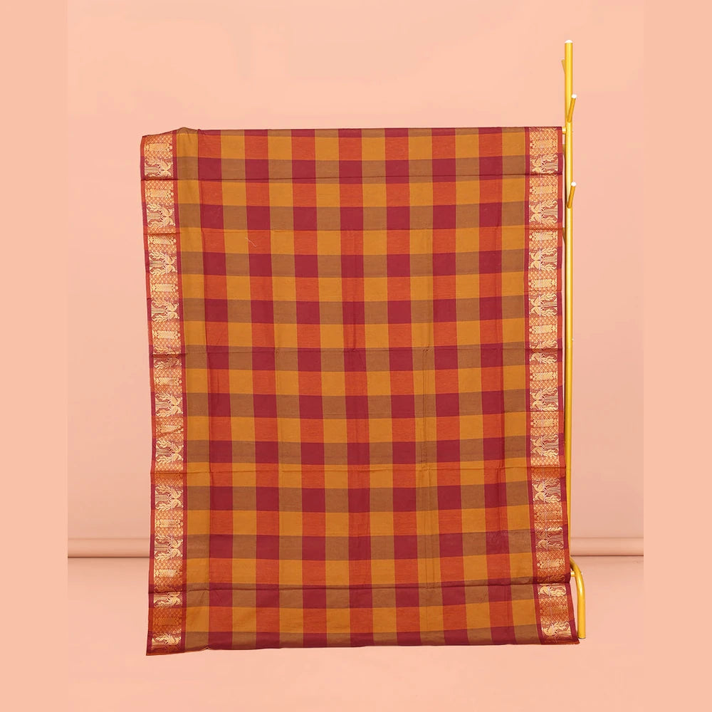 Pothys Orange-Red Chettinad Cotton Saree, Accentuated with Macro-Checks, Highlighted by Peacock Motifs Zari Border, Pallu of Stripes, and No Blouse