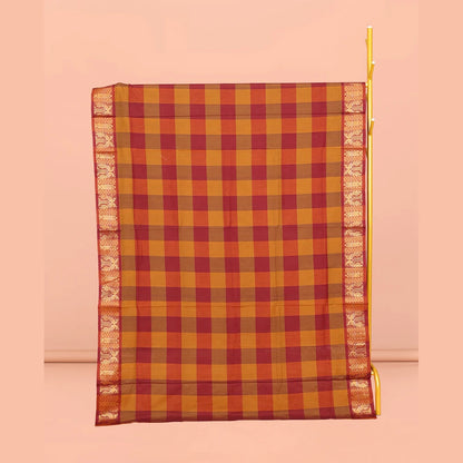 Pothys Orange-Red Chettinad Cotton Saree, Accentuated with Macro-Checks, Highlighted by Peacock Motifs Zari Border, Pallu of Stripes, and No Blouse