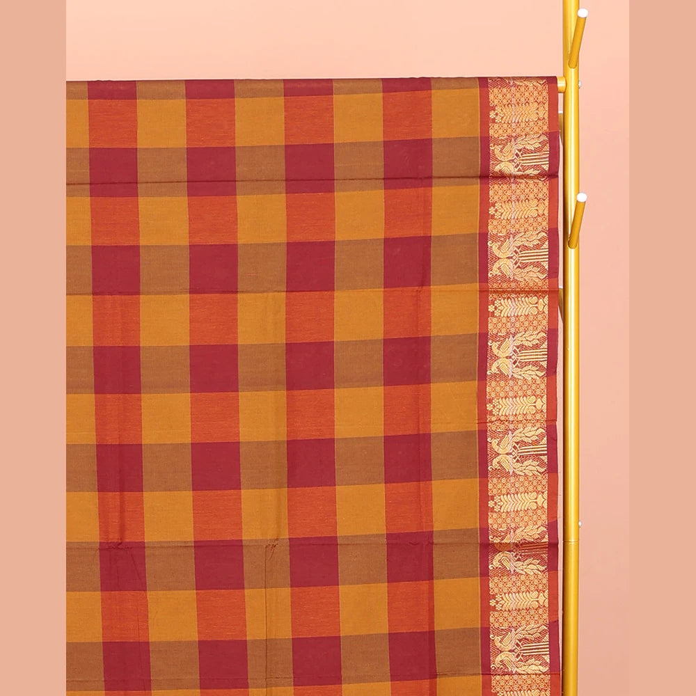 Pothys Orange-Red Chettinad Cotton Saree, Accentuated with Macro-Checks, Highlighted by Peacock Motifs Zari Border, Pallu of Stripes, and No Blouse