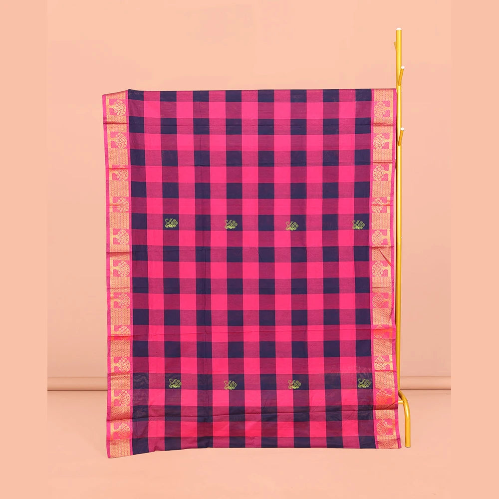 Pothys Dark Blue-Pink Chettinad Cotton Saree, Woven with Checks and Buttas, Highlighted by Tree Motifs Zari Border, Pallu of Stripes, and No Blouse