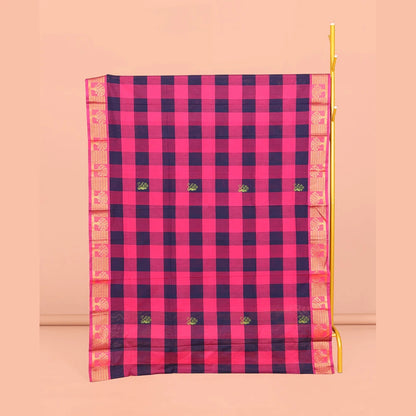 Pothys Dark Blue-Pink Chettinad Cotton Saree, Woven with Checks and Buttas, Highlighted by Tree Motifs Zari Border, Pallu of Stripes, and No Blouse
