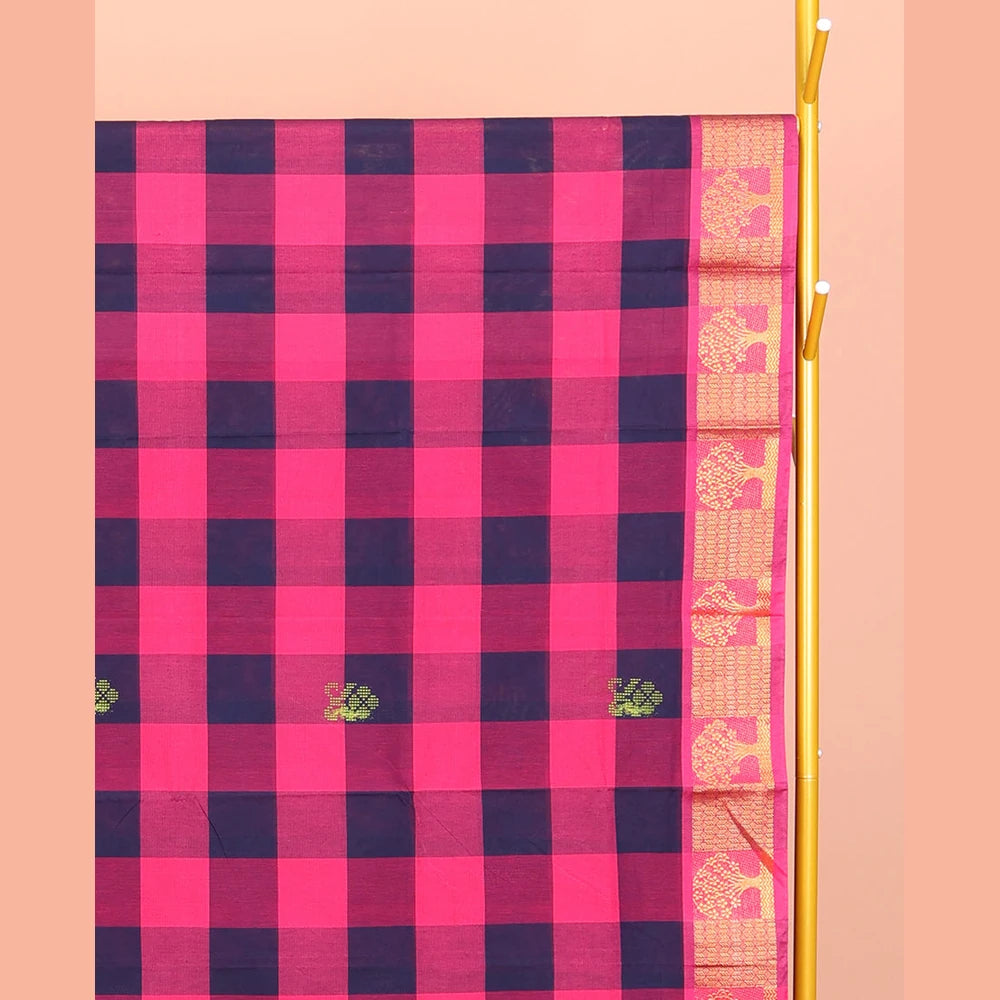 Pothys Dark Blue-Pink Chettinad Cotton Saree, Woven with Checks and Buttas, Highlighted by Tree Motifs Zari Border, Pallu of Stripes, and No Blouse