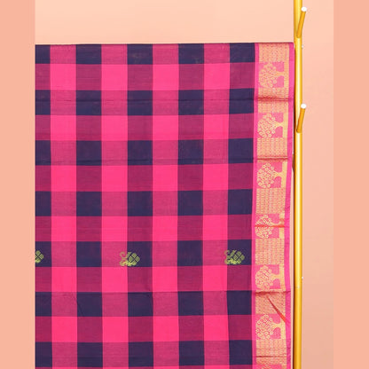 Pothys Dark Blue-Pink Chettinad Cotton Saree, Woven with Checks and Buttas, Highlighted by Tree Motifs Zari Border, Pallu of Stripes, and No Blouse