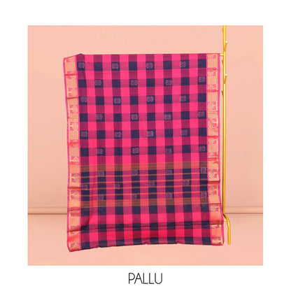 Pothys Dark Blue-Pink Chettinad Cotton Saree, Woven with Checks and Buttas, Highlighted by Tree Motifs Zari Border, Pallu of Stripes, and No Blouse
