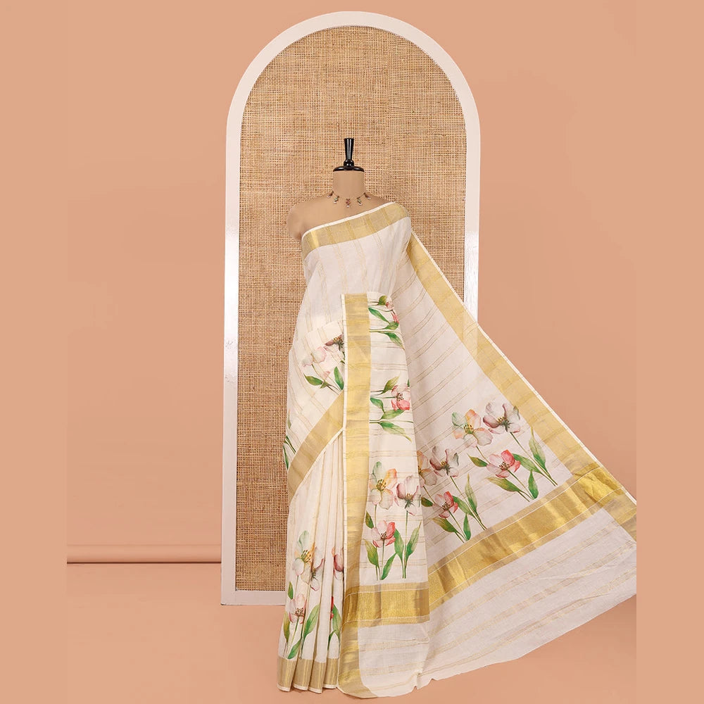Pothys Cream Kerala Cotton Saree, Adorned with Zari Stripes and Floral Print, Highlighted by Zari Border, Printed Pallu and a Matching Blouse
