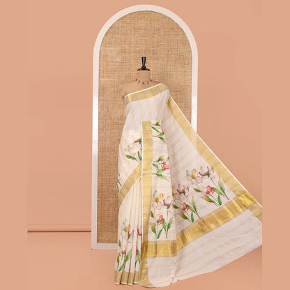 Pothys Cream Kerala Cotton Saree, Adorned with Zari Stripes and Floral Print, Highlighted by Zari Border, Printed Pallu and a Matching Blouse