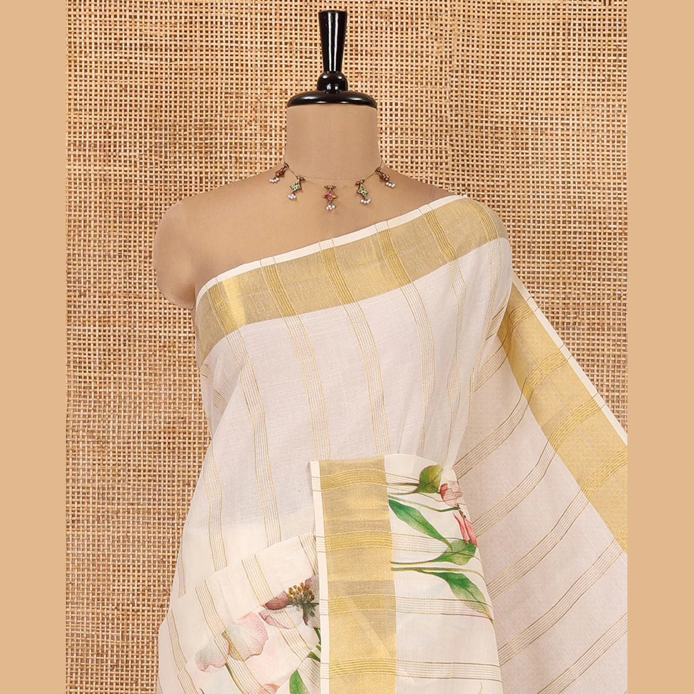 Pothys Cream Kerala Cotton Saree, Adorned with Zari Stripes and Floral Print, Highlighted by Zari Border, Printed Pallu and a Matching Blouse