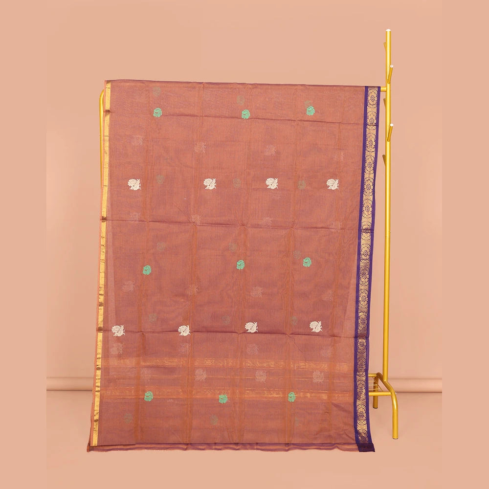 Pothys Peach Venkatagiri Cotton Saree, Woven with Buttas, a Contrast Floral Zari Border, Pallu of Buttas and Stripes, and No Blouse