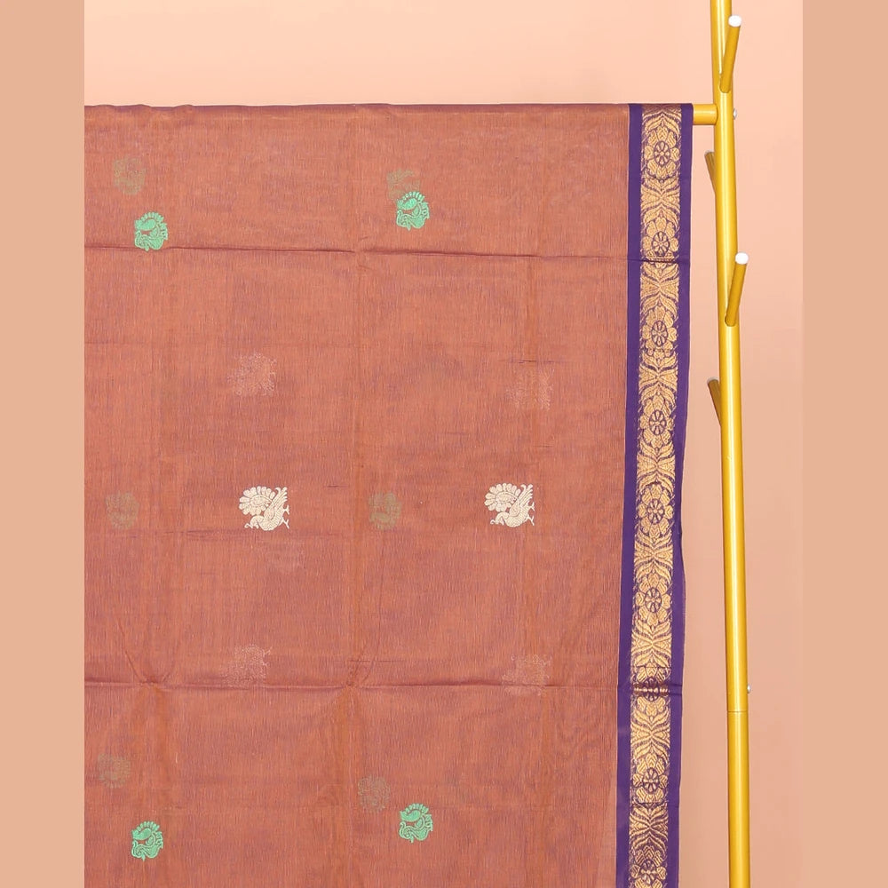 Pothys Peach Venkatagiri Cotton Saree, Woven with Buttas, a Contrast Floral Zari Border, Pallu of Buttas and Stripes, and No Blouse