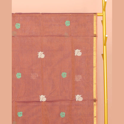 Pothys Peach Venkatagiri Cotton Saree, Woven with Buttas, a Contrast Floral Zari Border, Pallu of Buttas and Stripes, and No Blouse