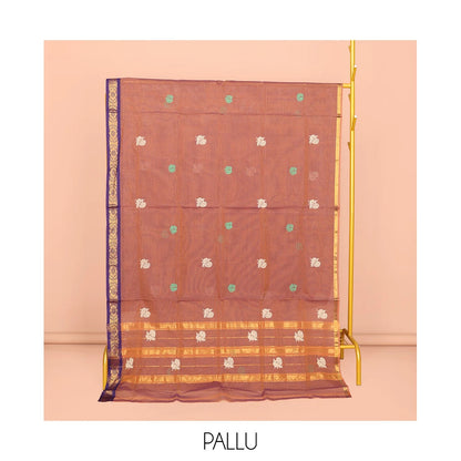 Pothys Peach Venkatagiri Cotton Saree, Woven with Buttas, a Contrast Floral Zari Border, Pallu of Buttas and Stripes, and No Blouse